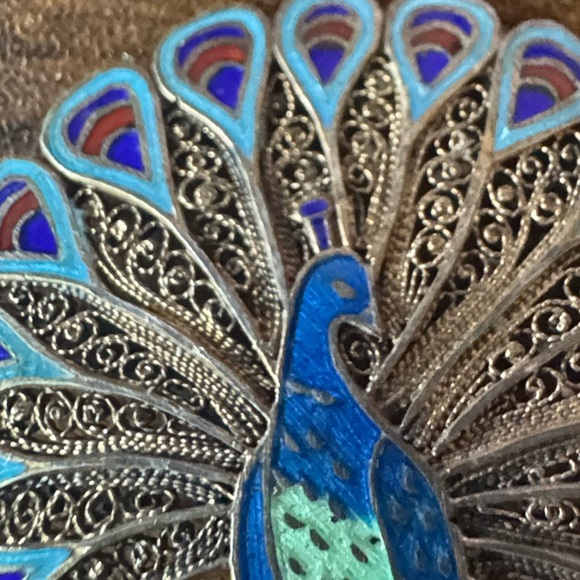 Antique Enamel Peacock Brooch Pin Blue Green - Picture 3 of 6
